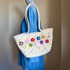 Cream Crochet Floral Tote Bag with Multicolor Flowers